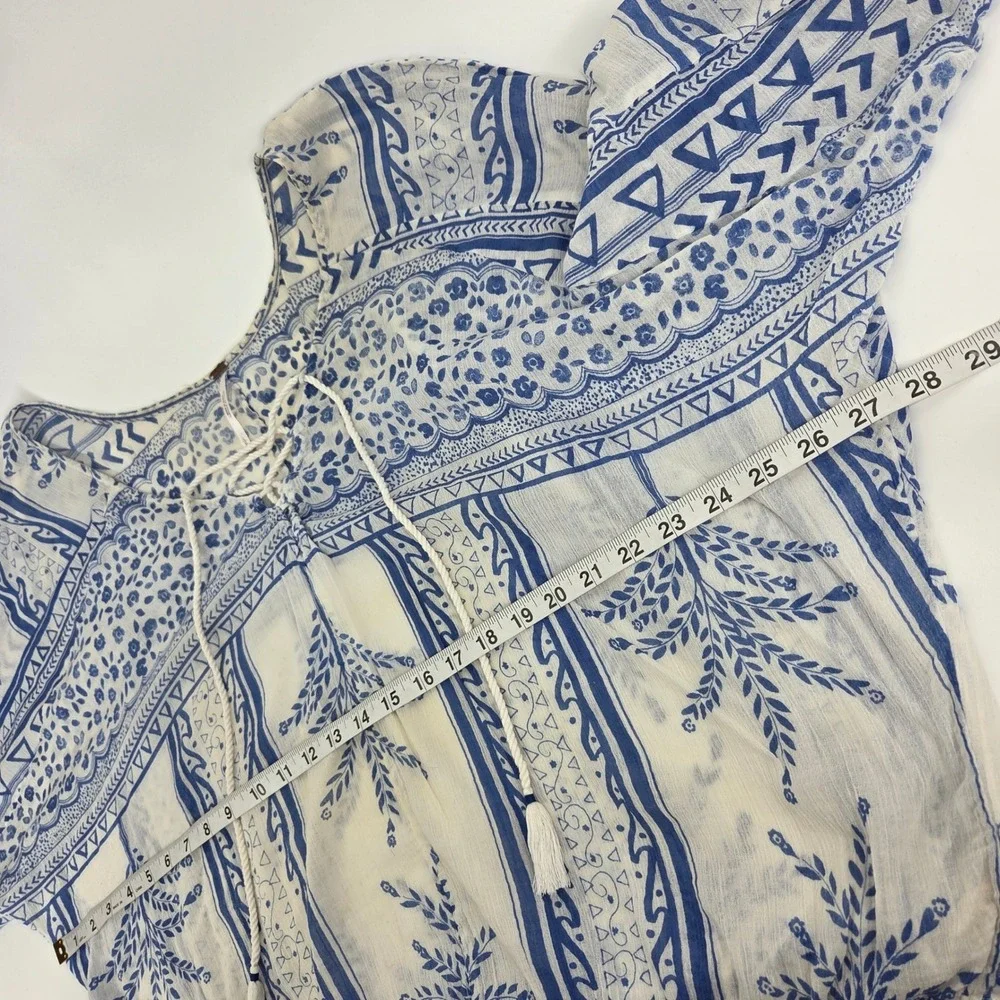 Free People Peasant Blouse L Blue White Lace Up Boho Festival Art-inspired Top